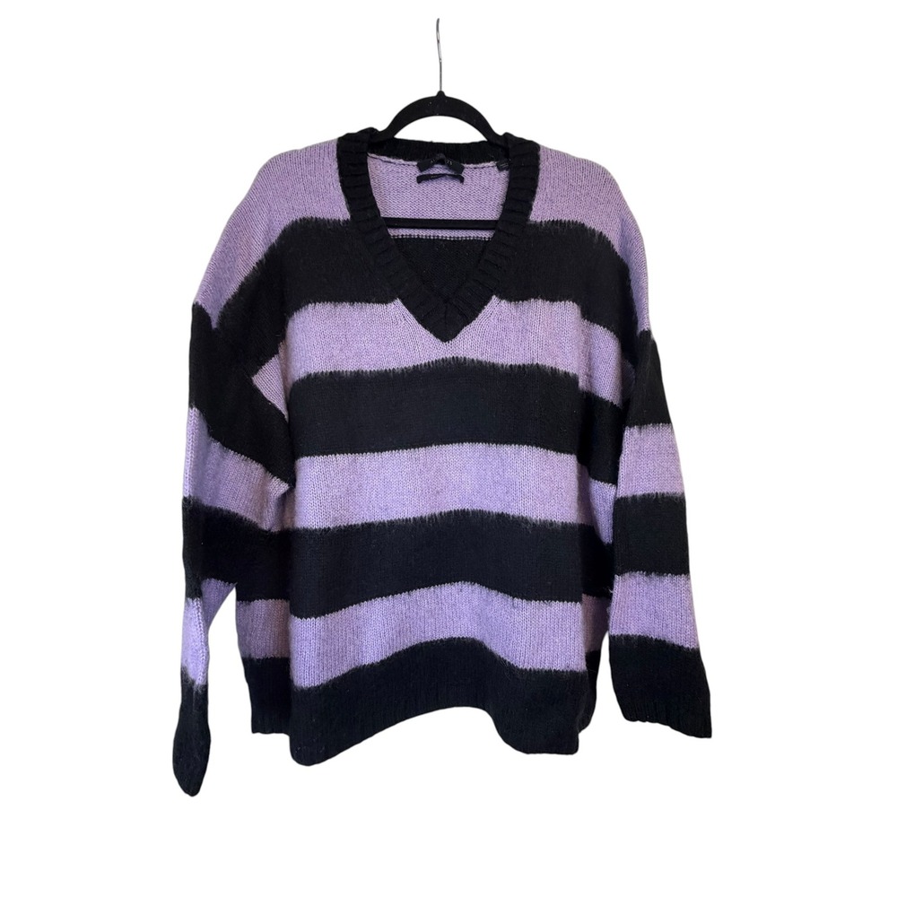 AllSaints Striped V-Neck Sweater Purple Black Italian Yarn Wool Knit Oversized